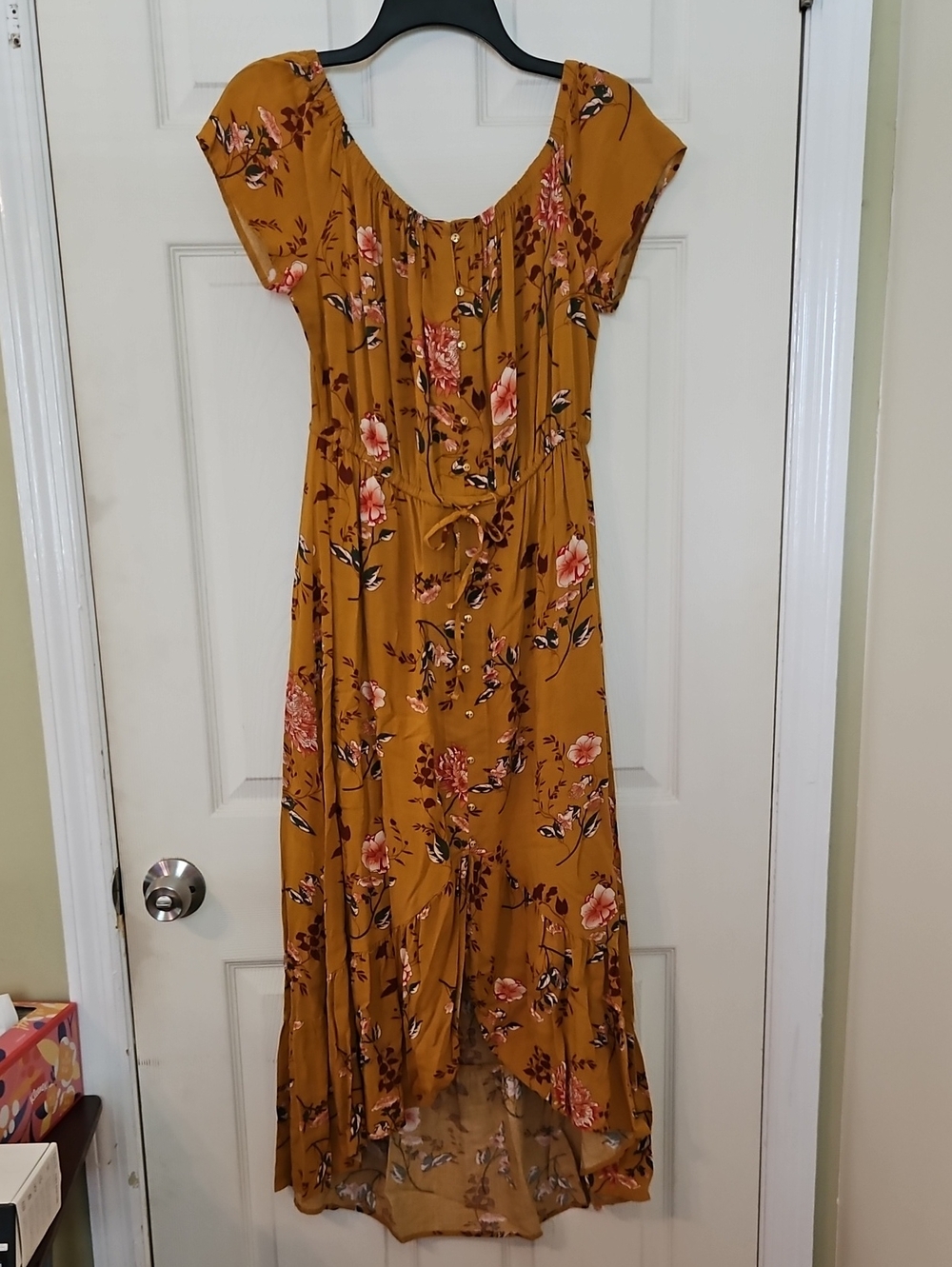 Mustard Floral High-Low Maxi Dress with Tie Waist